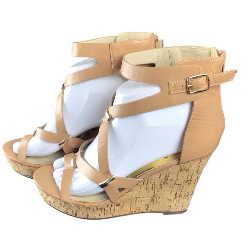 Pink Key Tan Strappy Cork Wedge Sandals size 7